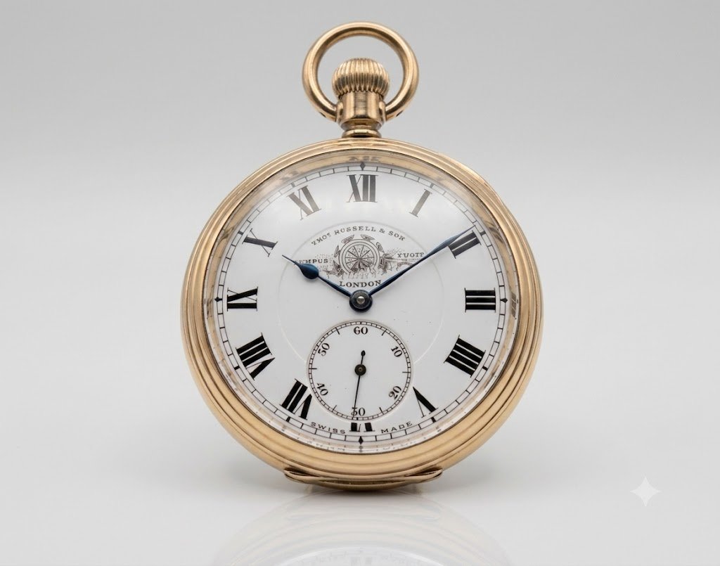 Thomas Russell & Son Love pocket watch — gold case, white enamel dial, Roman numerals, Tempus Fugit crest, London
